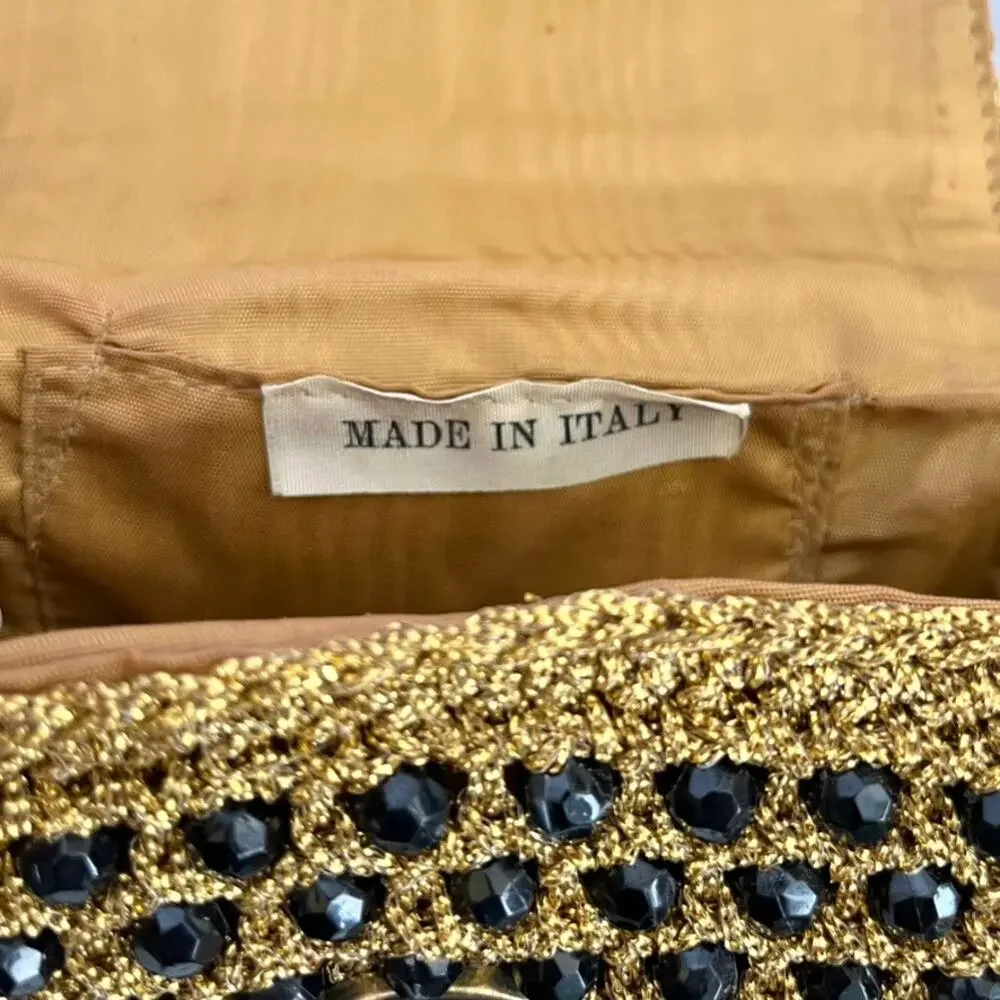 Vintage Italian Gold Crochet Black Bead Glam Evening Bag - Made in Italy Handbag
